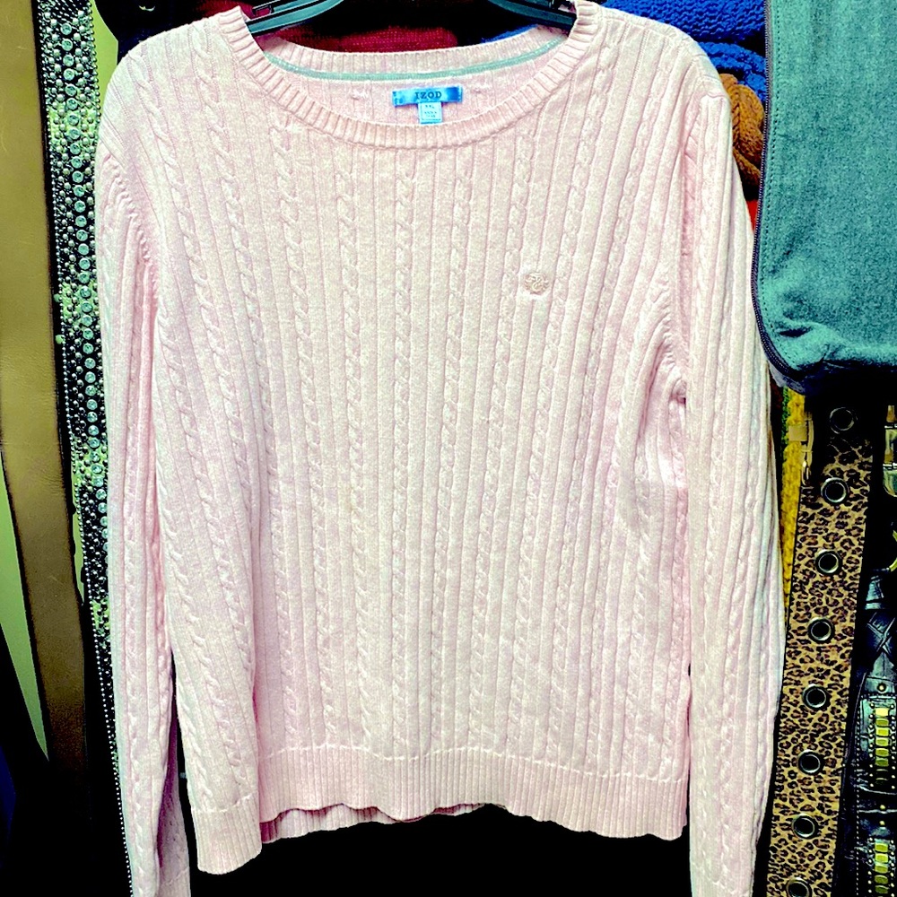 Pink, slim cable knit cotton sweater.